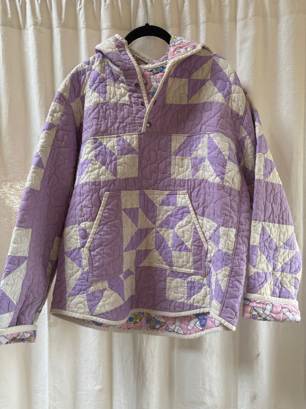 Vintage Quilt Patchwork Hoodie in Lavender and Cream